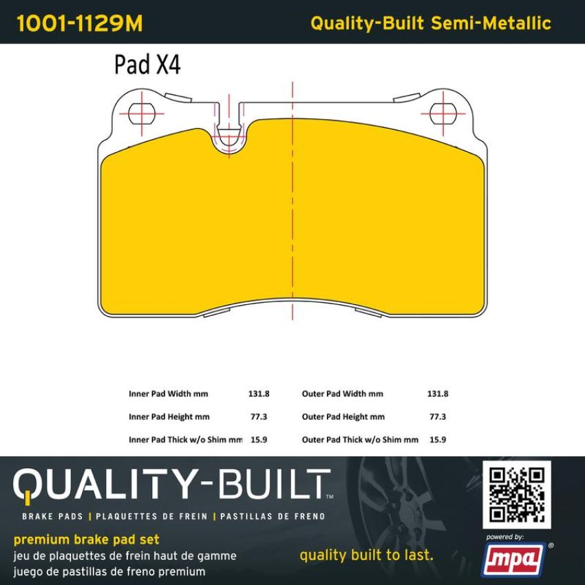 MPA 1001-1129M Quality-Built Premium Semi-Metallic Brake Pads w/ Hardware