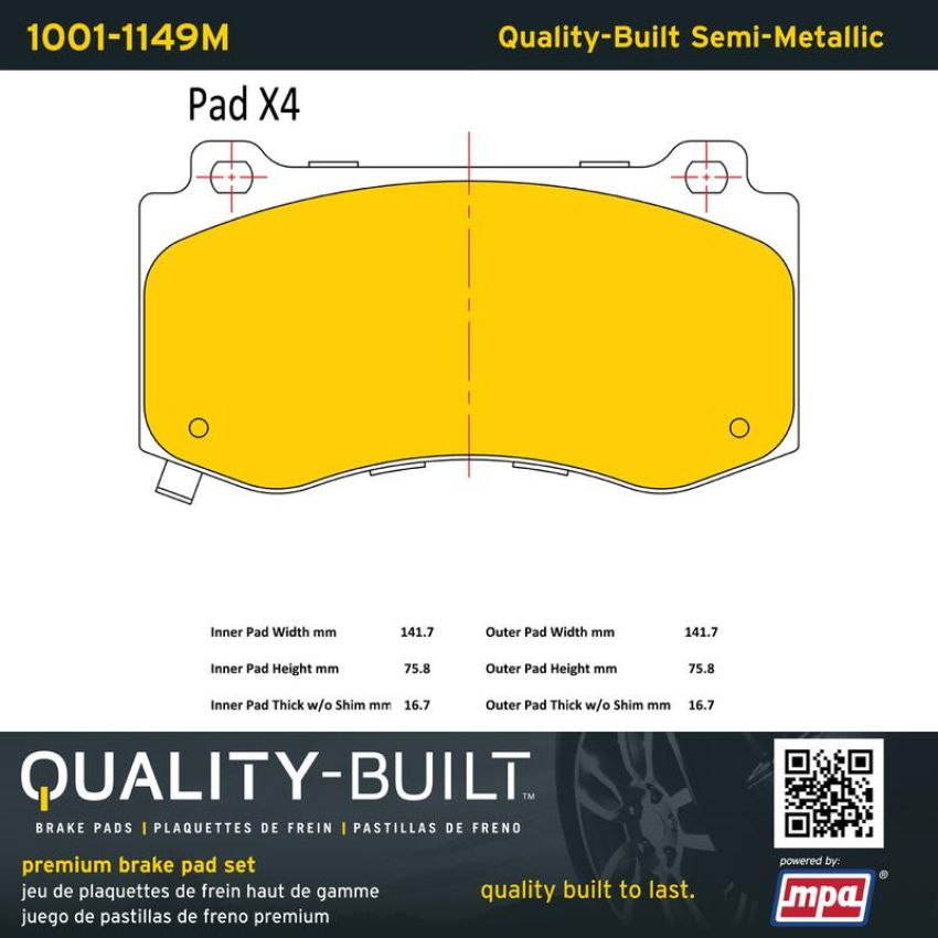 MPA 1001-1149M Quality-Built Premium Semi-Metallic Brake Pads w/ Hardware