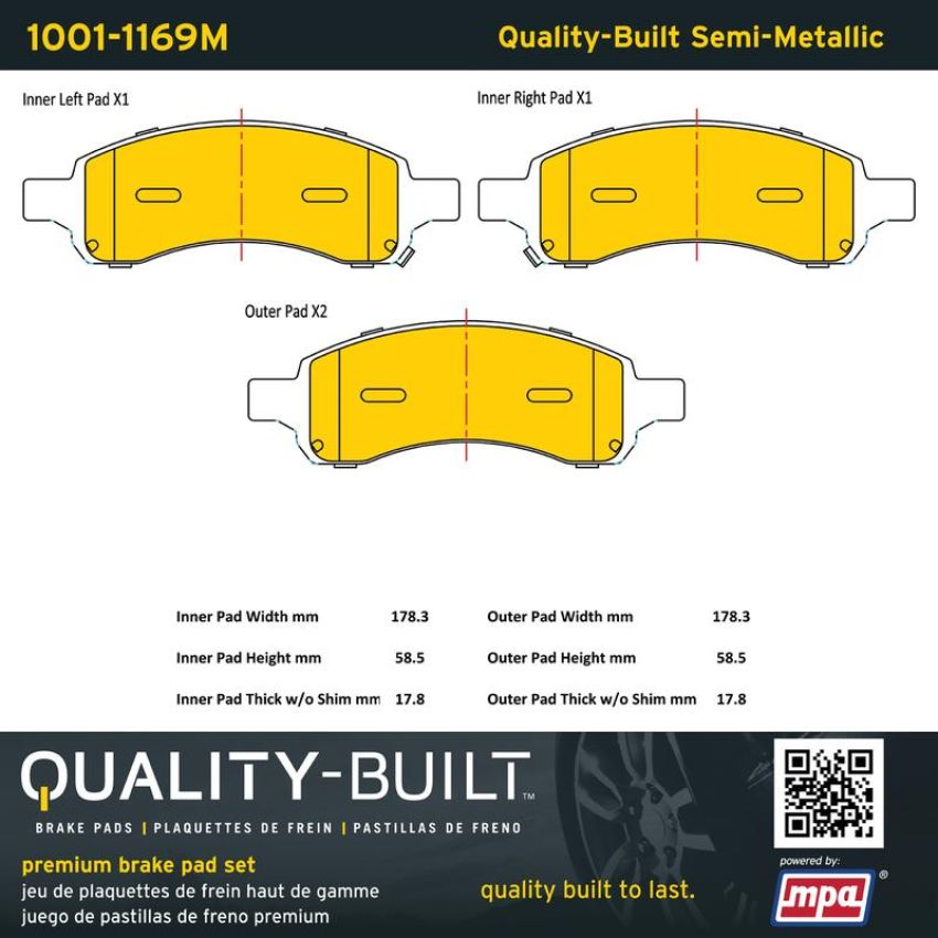 MPA 1001-1169M Quality-Built Premium Semi-Metallic Brake Pads w/ Hardware