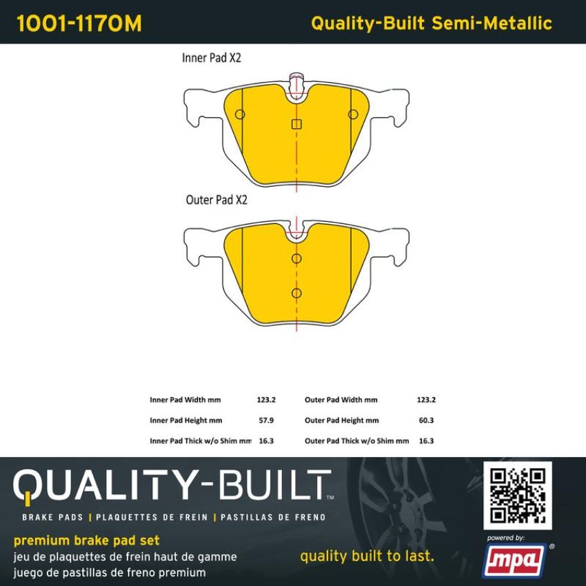 MPA 1001-1170M Quality-Built Premium Semi-Metallic Brake Pads w/ Hardware