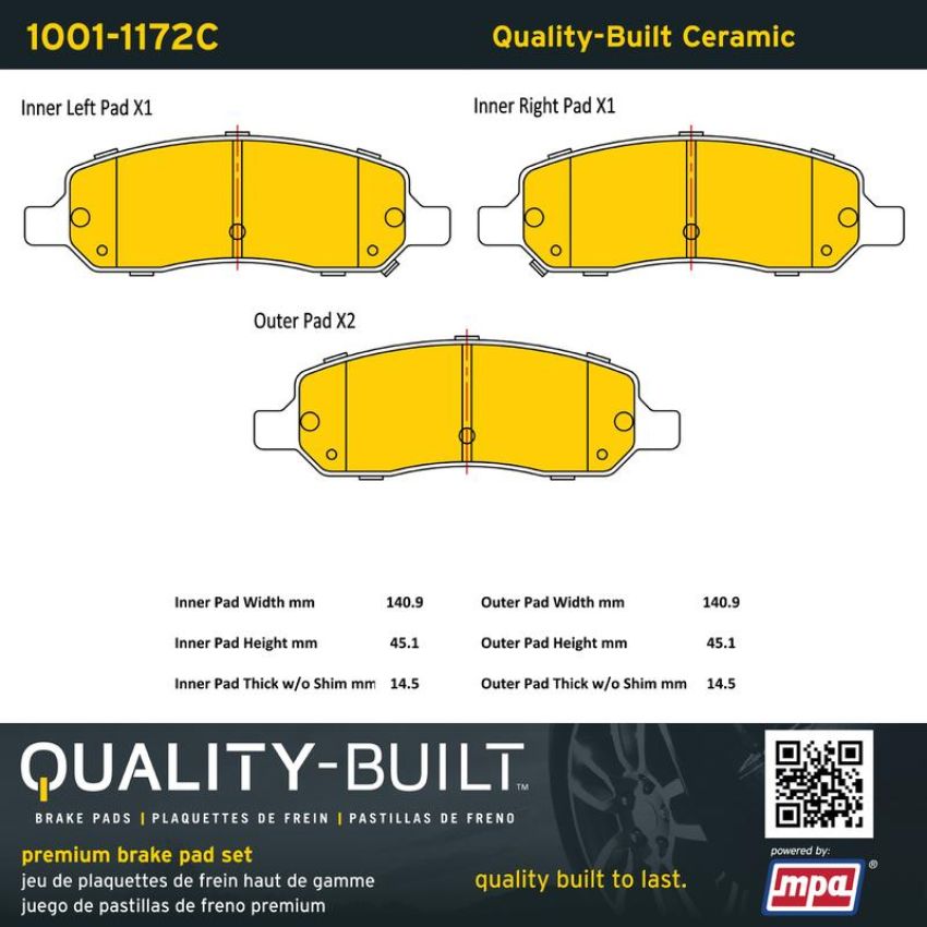 MPA 1001-1172C Quality-Built Premium Ceramic Brake Pads w/ Hardware