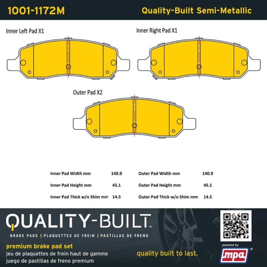 MPA 1001-1172M Quality-Built Premium Semi-Metallic Brake Pads w/ Hardware