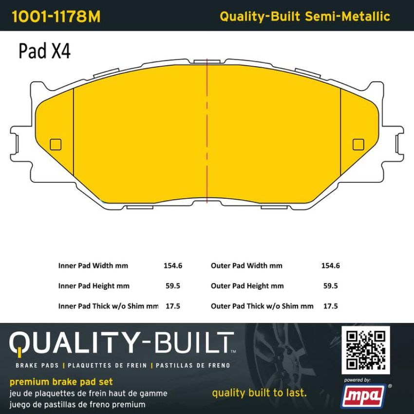 MPA 1001-1178M Quality-Built Premium Semi-Metallic Brake Pads w/ Hardware