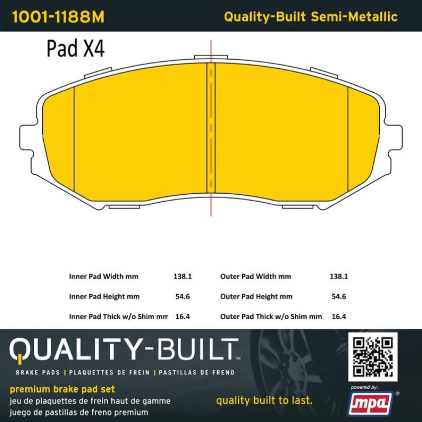 MPA 1001-1188M Quality-Built Premium Semi-Metallic Brake Pads w/ Hardware