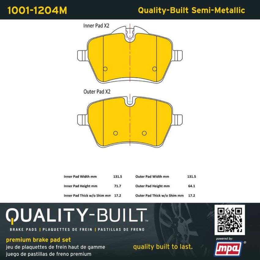 MPA 1001-1204M Quality-Built Premium Semi-Metallic Brake Pads w/ Hardware