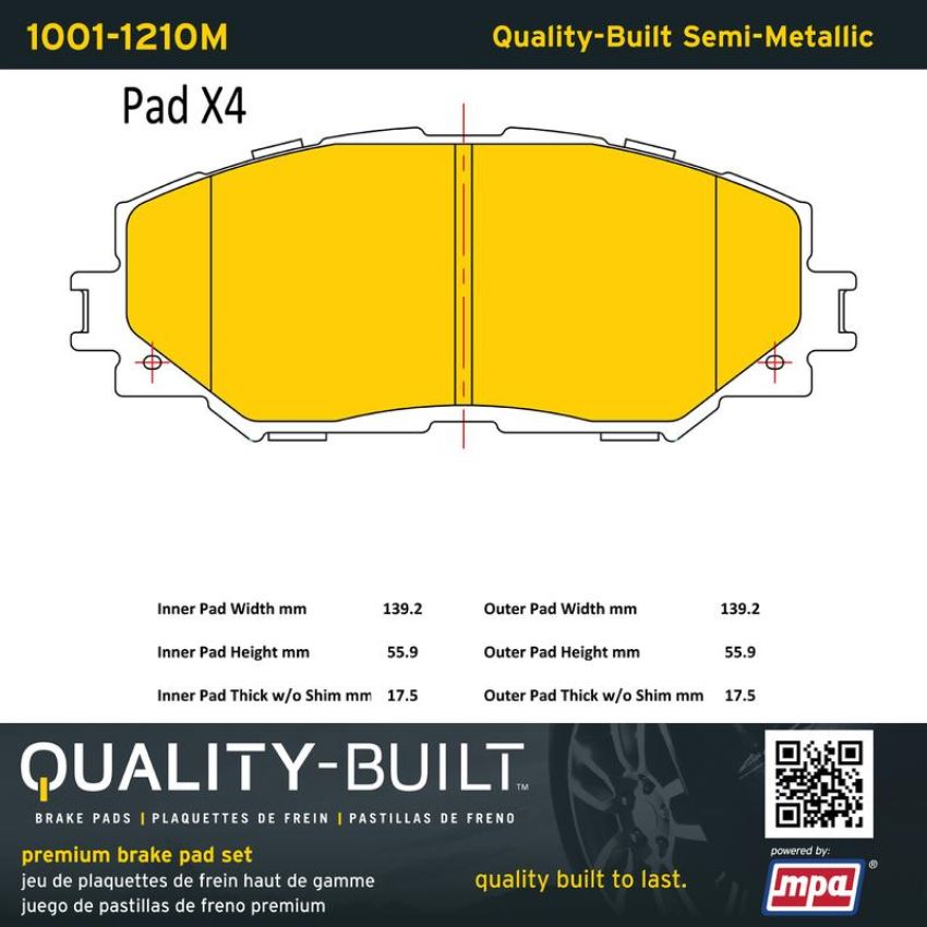 MPA 1001-1210M Quality-Built Premium Semi-Metallic Brake Pads w/ Hardware