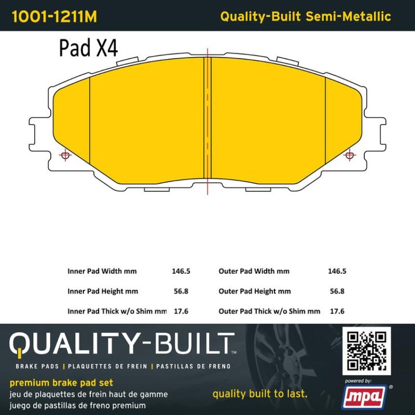 MPA 1001-1211M Quality-Built Premium Semi-Metallic Brake Pads w/ Hardware