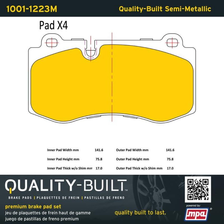 MPA 1001-1223M Quality-Built Premium Semi-Metallic Brake Pads w/ Hardware