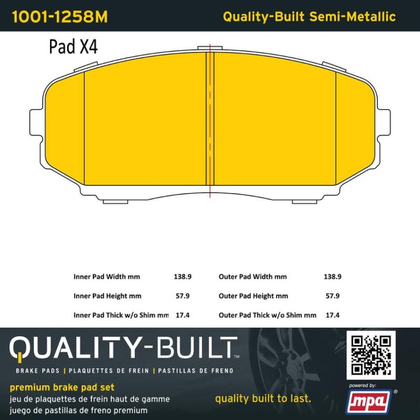 MPA 1001-1258M Quality-Built Premium Semi-Metallic Brake Pads w/ Hardware