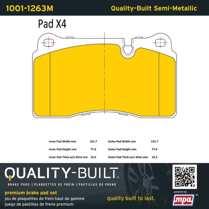 MPA 1001-1263M Quality-Built Premium Semi-Metallic Brake Pads w/ Hardware