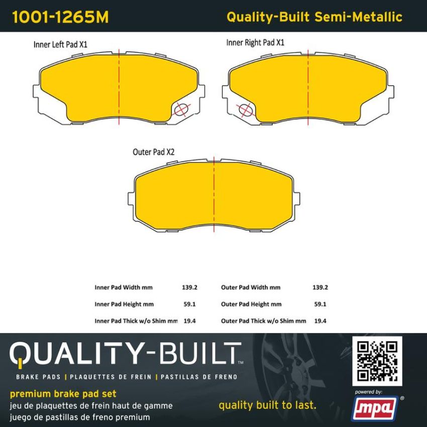 MPA 1001-1265M Quality-Built Premium Semi-Metallic Brake Pads w/ Hardware
