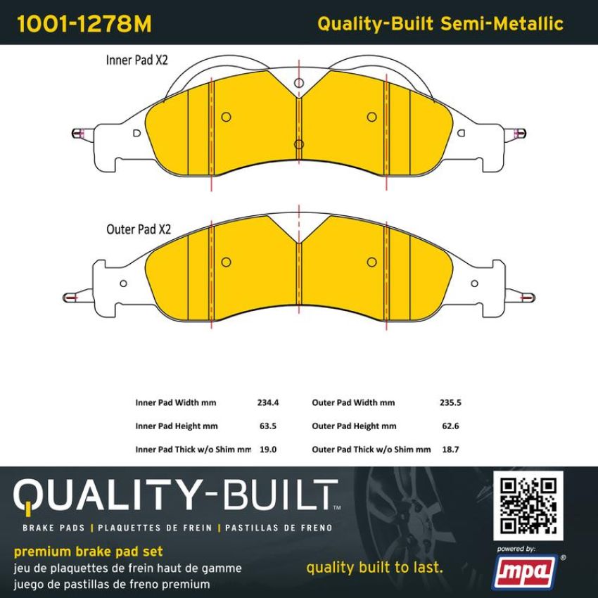 MPA 1001-1278M Quality-Built Premium Semi-Metallic Brake Pads w/ Hardware