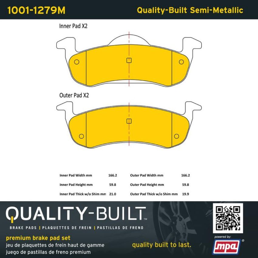 MPA 1001-1279M Quality-Built Premium Semi-Metallic Brake Pads w/ Hardware