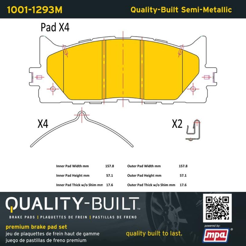 MPA 1001-1293M Quality-Built Premium Semi-Metallic Brake Pads w/ Hardware
