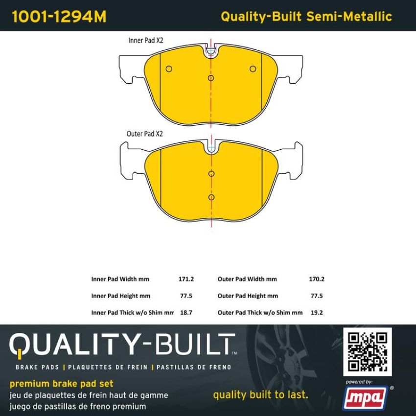 MPA 1001-1294M Quality-Built Premium Semi-Metallic Brake Pads w/ Hardware