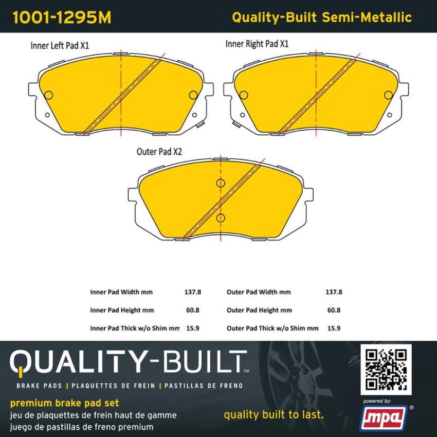 MPA 1001-1295M Quality-Built Premium Semi-Metallic Brake Pads w/ Hardware