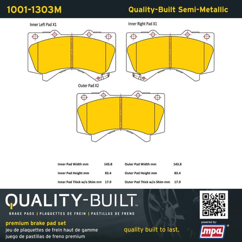 MPA 1001-1303M Quality-Built Premium Semi-Metallic Brake Pads w/ Hardware
