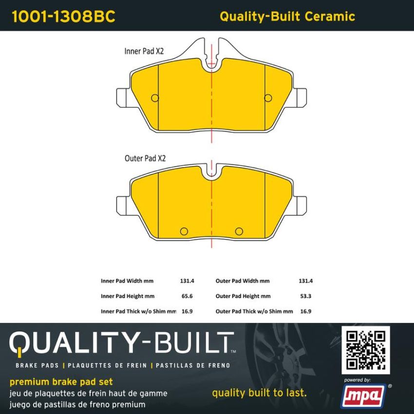 MPA 1001-1308BC Quality-Built Premium Ceramic Brake Pads w/ Hardware