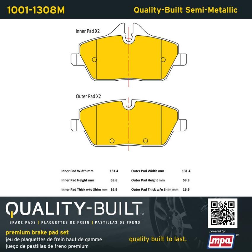 MPA 1001-1308M Quality-Built Premium Semi-Metallic Brake Pads w/ Hardware