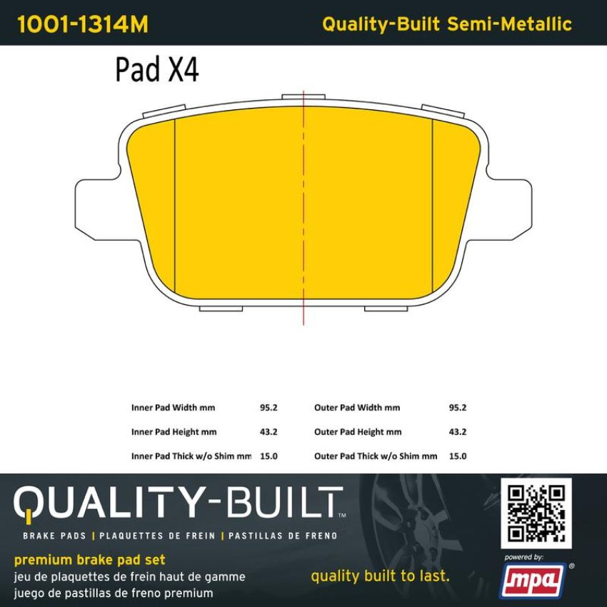 MPA 1001-1314M Quality-Built Premium Semi-Metallic Brake Pads w/ Hardware