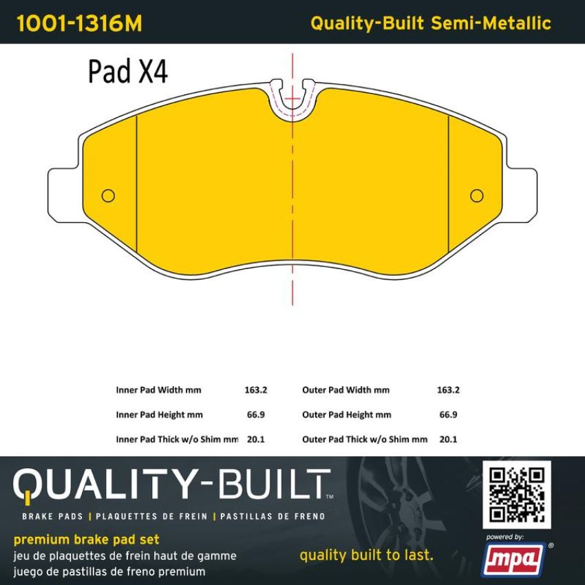 MPA 1001-1316M Quality-Built Premium Semi-Metallic Brake Pads w/ Hardware