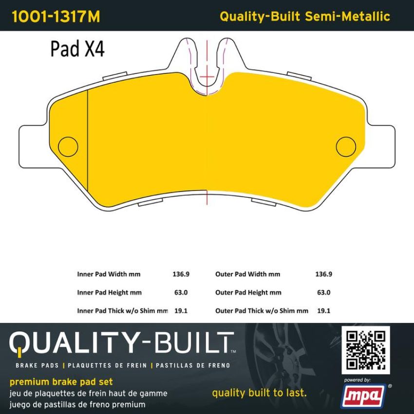 MPA 1001-1317M Quality-Built Premium Semi-Metallic Brake Pads w/ Hardware