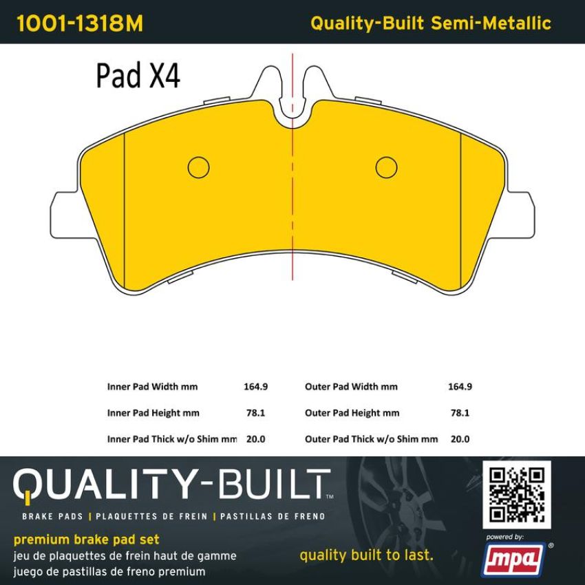 MPA 1001-1318M Quality-Built Premium Semi-Metallic Brake Pads w/ Hardware