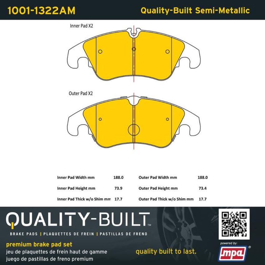 MPA 1001-1322AM Quality-Built Premium Semi-Metallic Brake Pads w/ Hardware