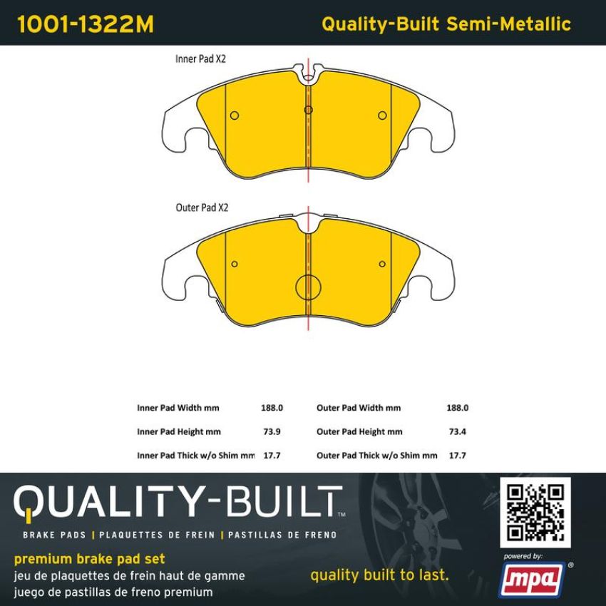 MPA 1001-1322M Quality-Built Premium Semi-Metallic Brake Pads w/ Hardware