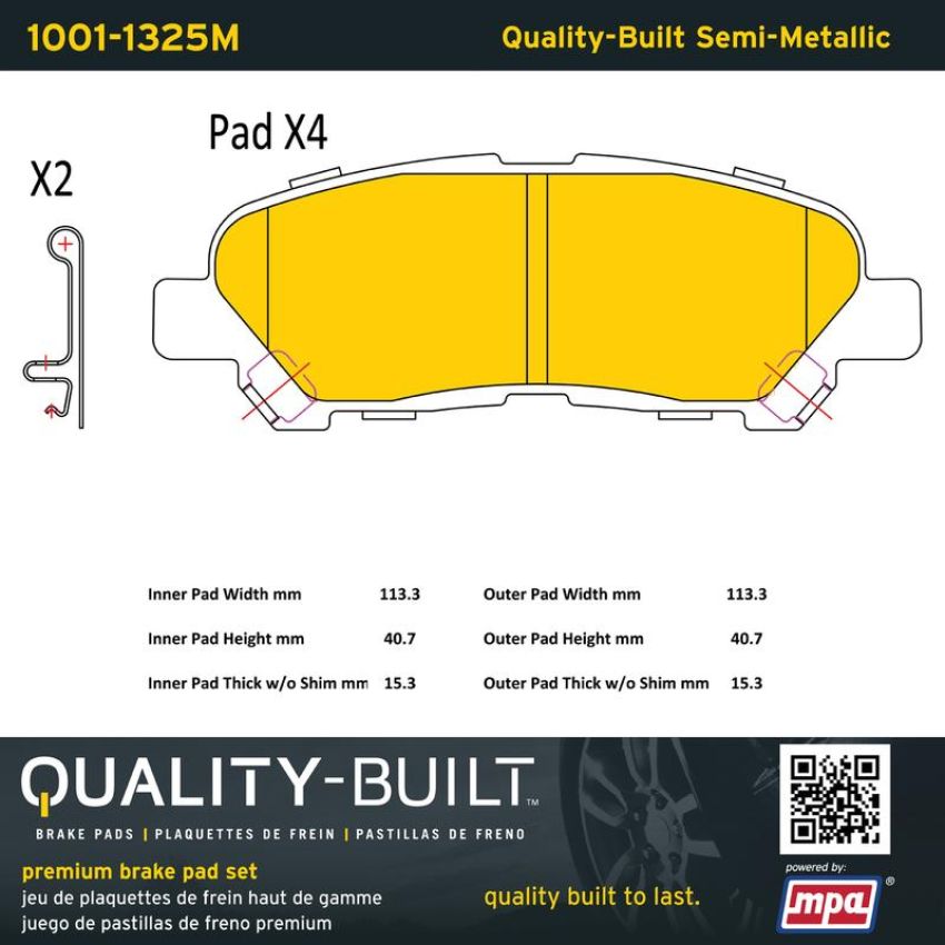 MPA 1001-1325M Quality-Built Premium Semi-Metallic Brake Pads w/ Hardware
