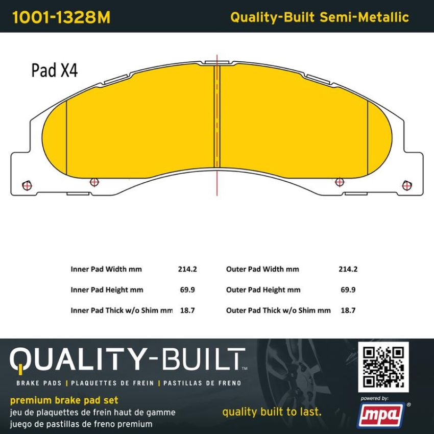 MPA 1001-1328M Quality-Built Premium Semi-Metallic Brake Pads w/ Hardware