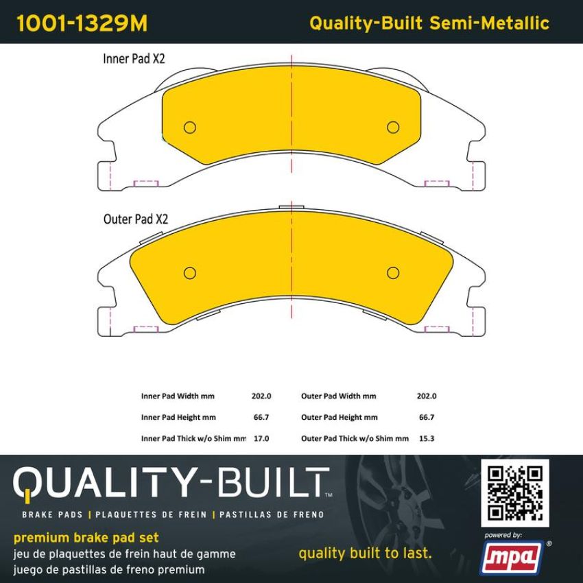 MPA 1001-1329M Quality-Built Premium Semi-Metallic Brake Pads w/ Hardware
