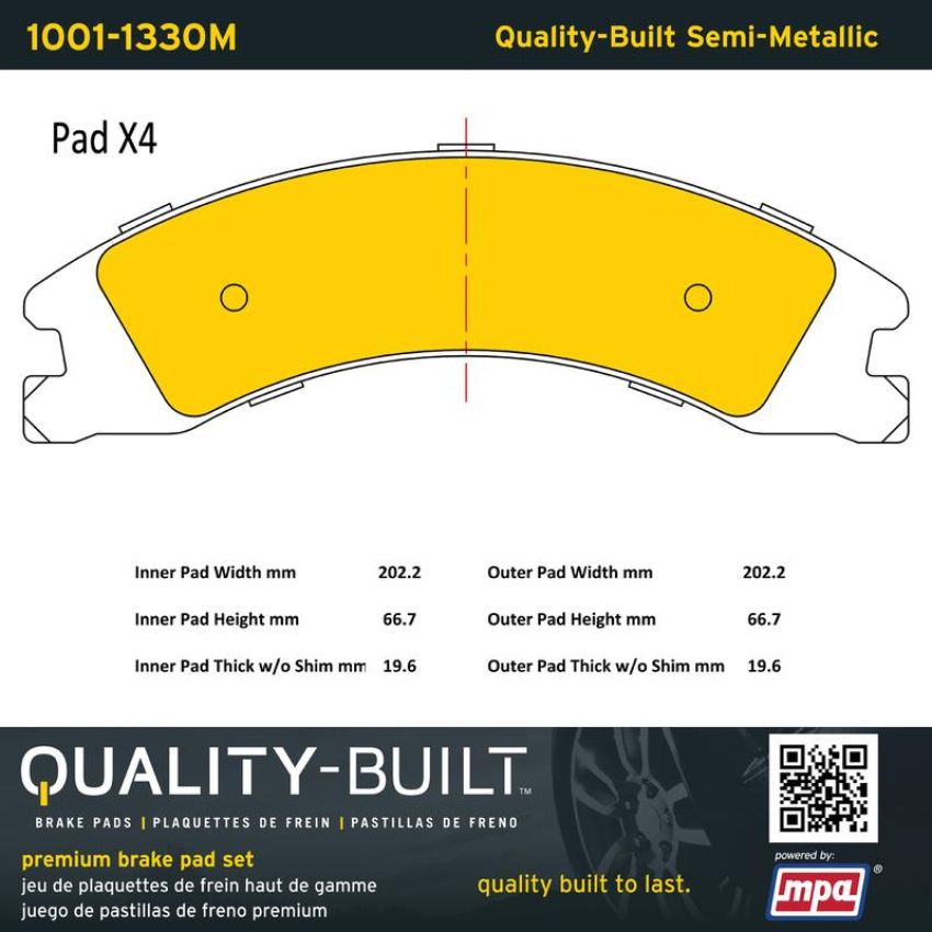 MPA 1001-1330M Quality-Built Premium Semi-Metallic Brake Pads w/ Hardware