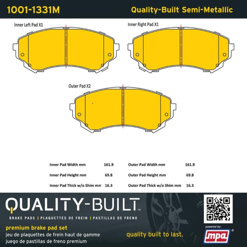 MPA 1001-1331M Quality-Built Premium Semi-Metallic Brake Pads w/ Hardware