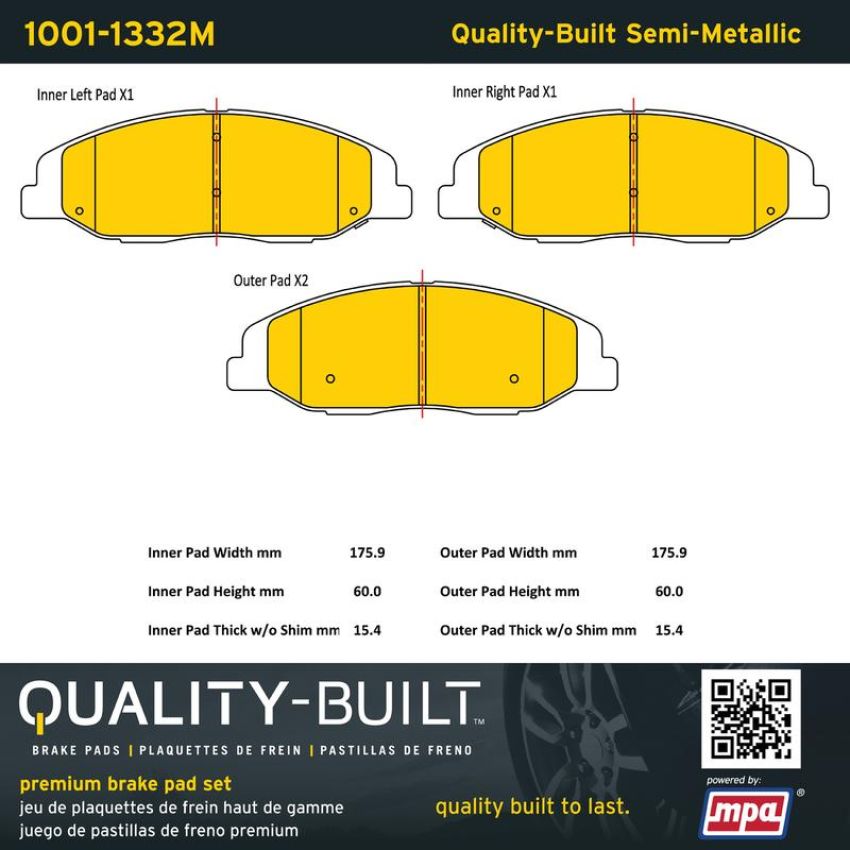 MPA 1001-1332M Quality-Built Premium Semi-Metallic Brake Pads w/ Hardware