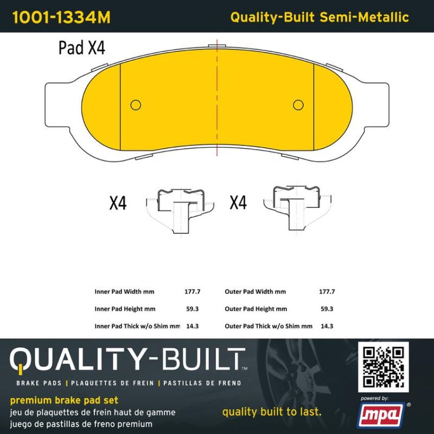 MPA 1001-1334M Quality-Built Premium Semi-Metallic Brake Pads w/ Hardware