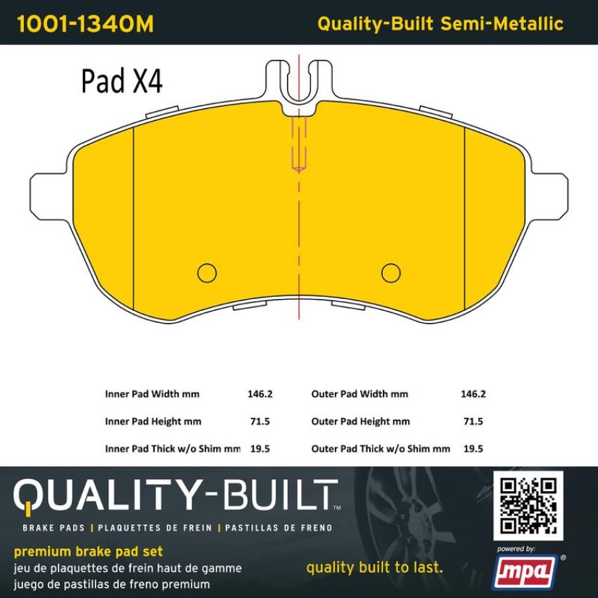 MPA 1001-1340M Quality-Built Premium Semi-Metallic Brake Pads w/ Hardware