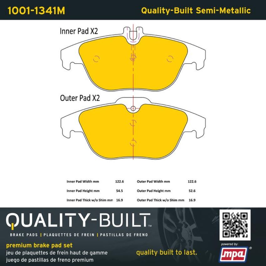 MPA 1001-1341M Quality-Built Premium Semi-Metallic Brake Pads w/ Hardware