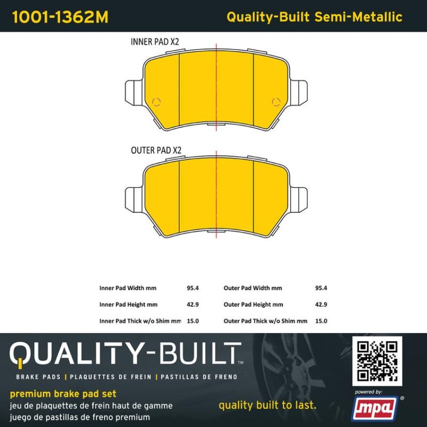 MPA 1001-1362M Quality-Built Premium Semi-Metallic Brake Pads w/ Hardware