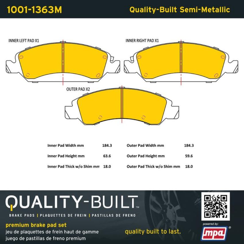 MPA 1001-1363M Quality-Built Premium Semi-Metallic Brake Pads w/ Hardware