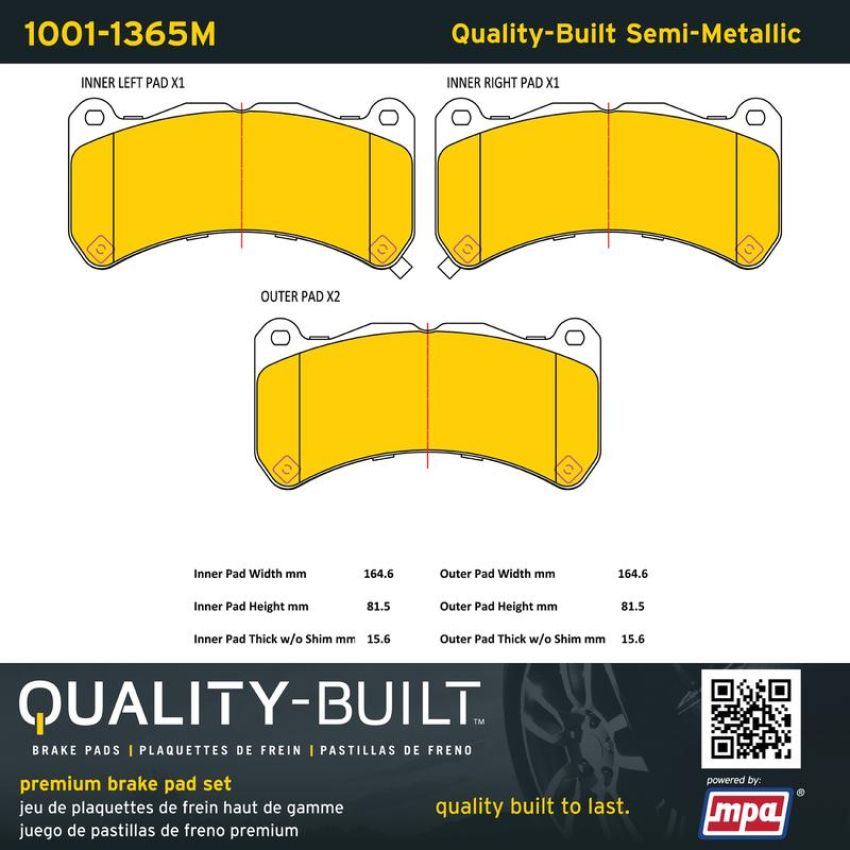 MPA 1001-1365M Quality-Built Premium Semi-Metallic Brake Pads w/ Hardware