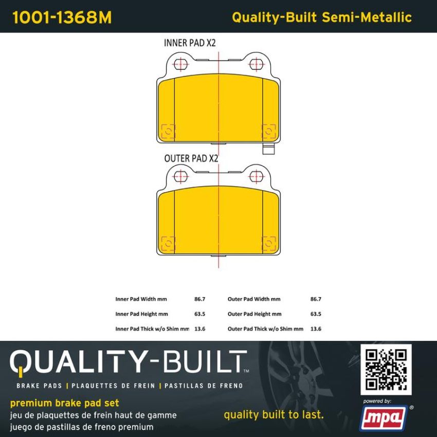 MPA 1001-1368M Quality-Built Premium Semi-Metallic Brake Pads w/ Hardware