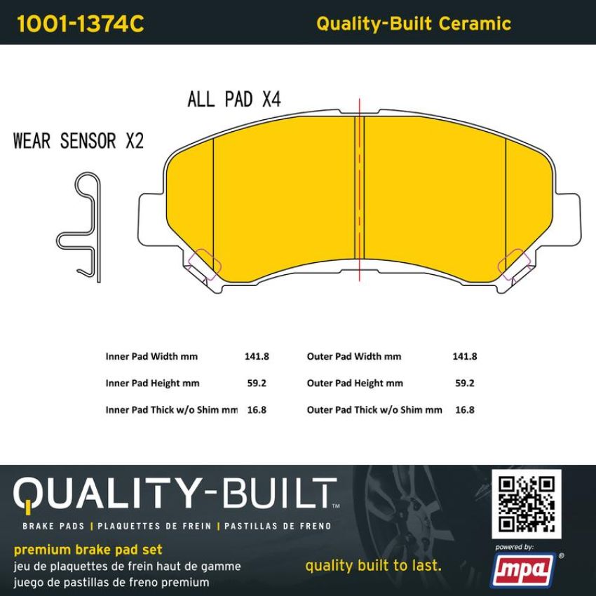 MPA 1001-1374C Quality-Built Premium Ceramic Brake Pads w/ Hardware