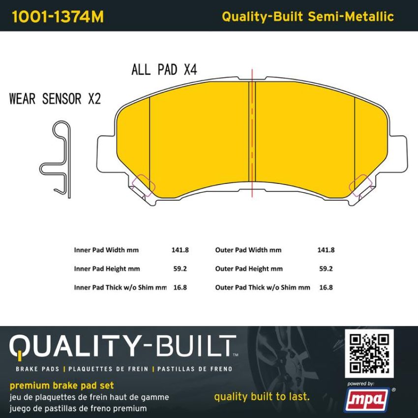 MPA 1001-1374M Quality-Built Premium Semi-Metallic Brake Pads w/ Hardware
