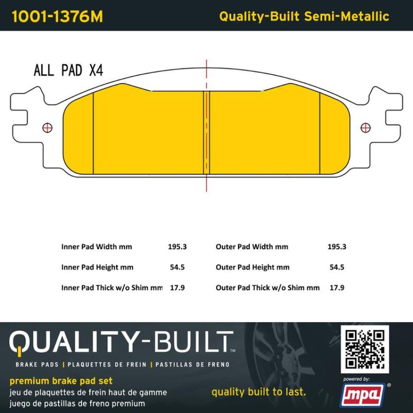 MPA 1001-1376M Quality-Built Premium Semi-Metallic Brake Pads w/ Hardware