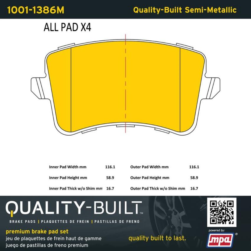 MPA 1001-1386M Quality-Built Premium Semi-Metallic Brake Pads w/ Hardware