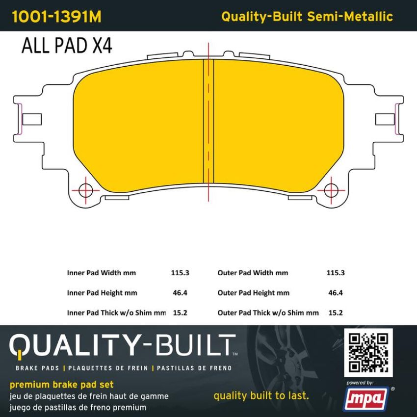 MPA 1001-1391M Quality-Built Premium Semi-Metallic Brake Pads w/ Hardware