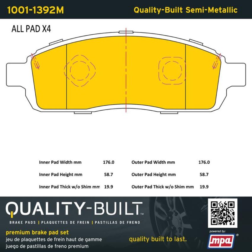MPA 1001-1392M Quality-Built Premium Semi-Metallic Brake Pads w/ Hardware