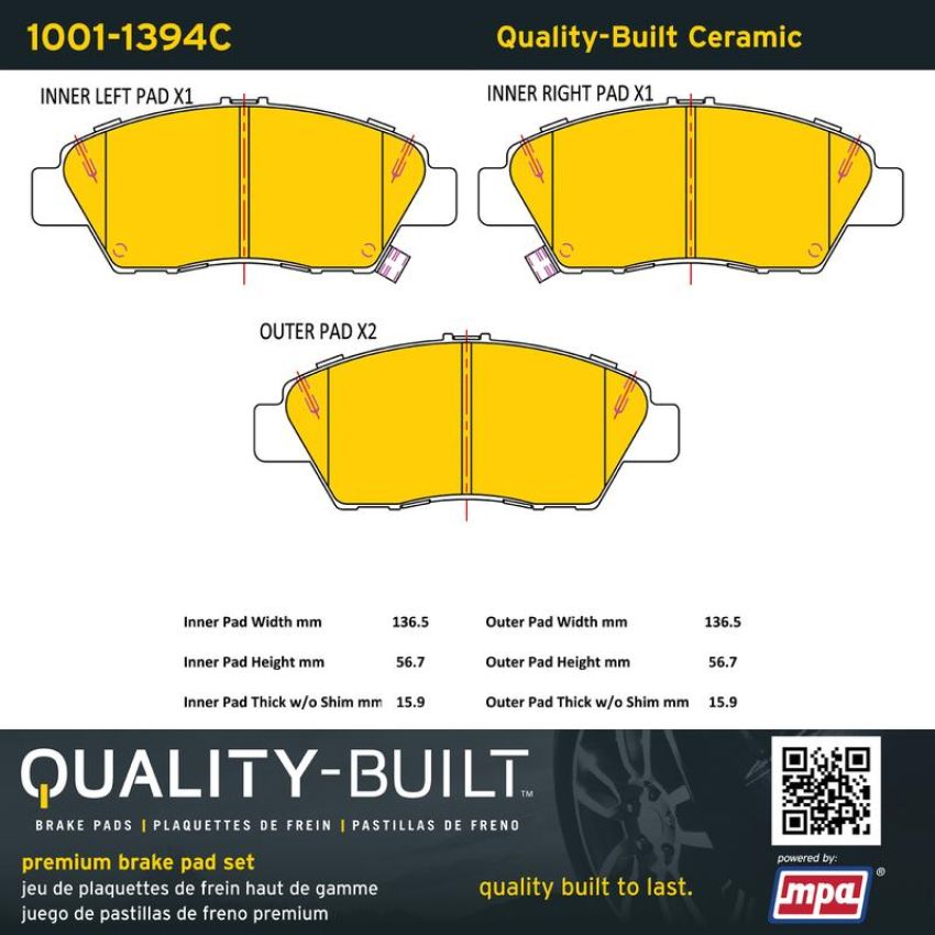 MPA 1001-1394C Quality-Built Premium Ceramic Brake Pads w/ Hardware