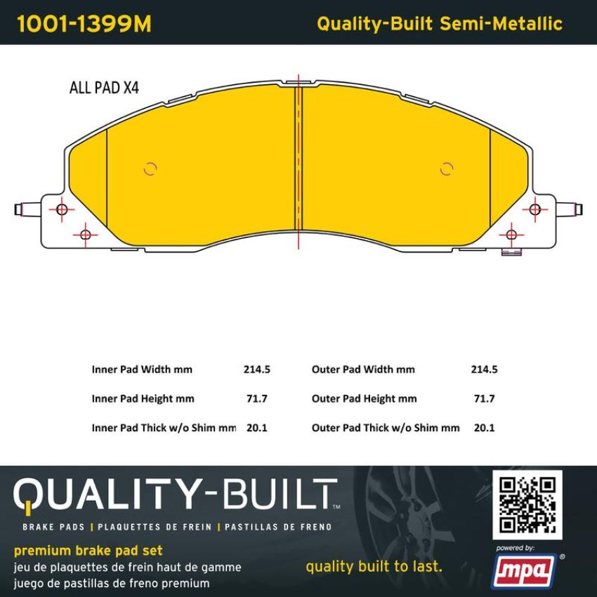 MPA 1001-1399M Quality-Built Premium Semi-Metallic Brake Pads w/ Hardware